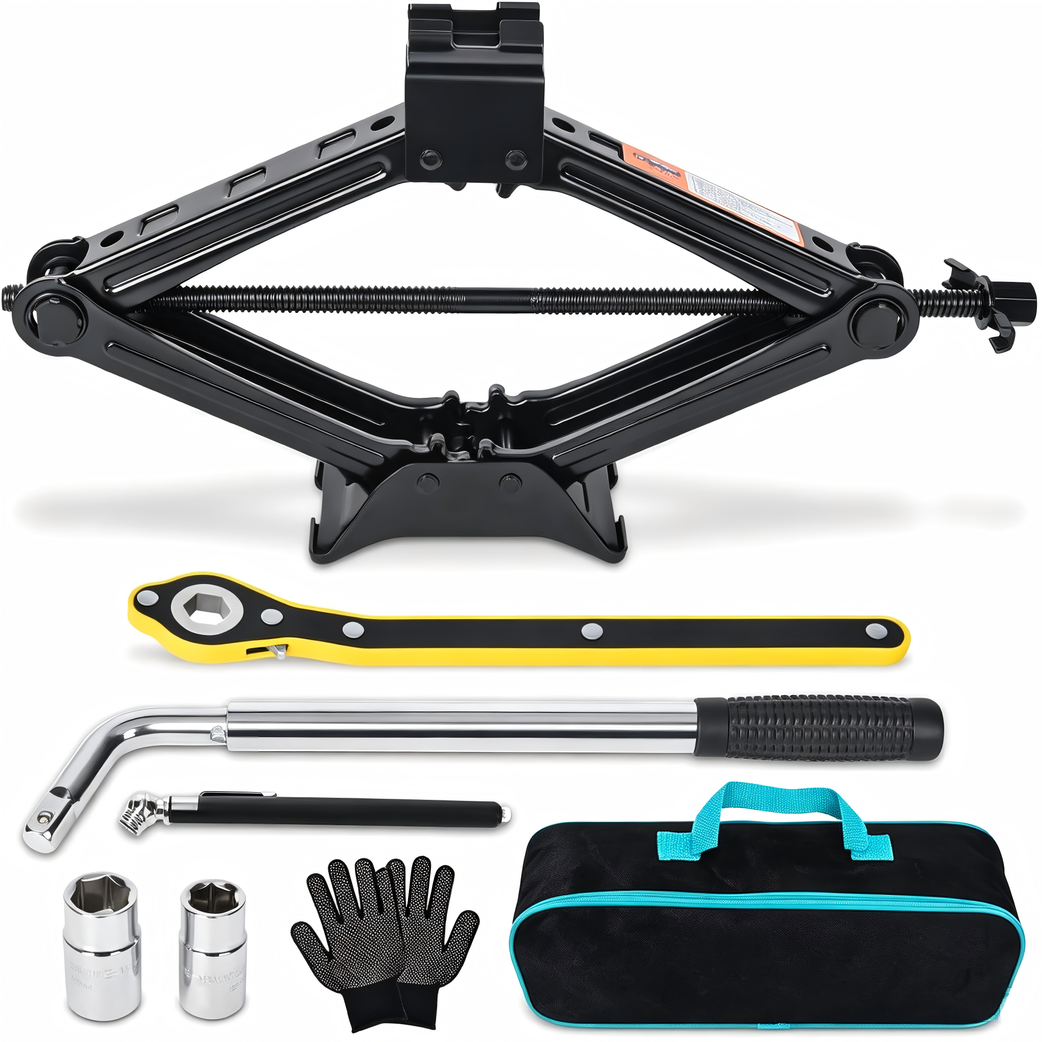 Car Scissor Jack Kit, Emergency Tire Change Tool Set with Ratchet Wrench, Lug Wrench, Sockets, Gloves & Storage Bag for Sedan SUV MPV