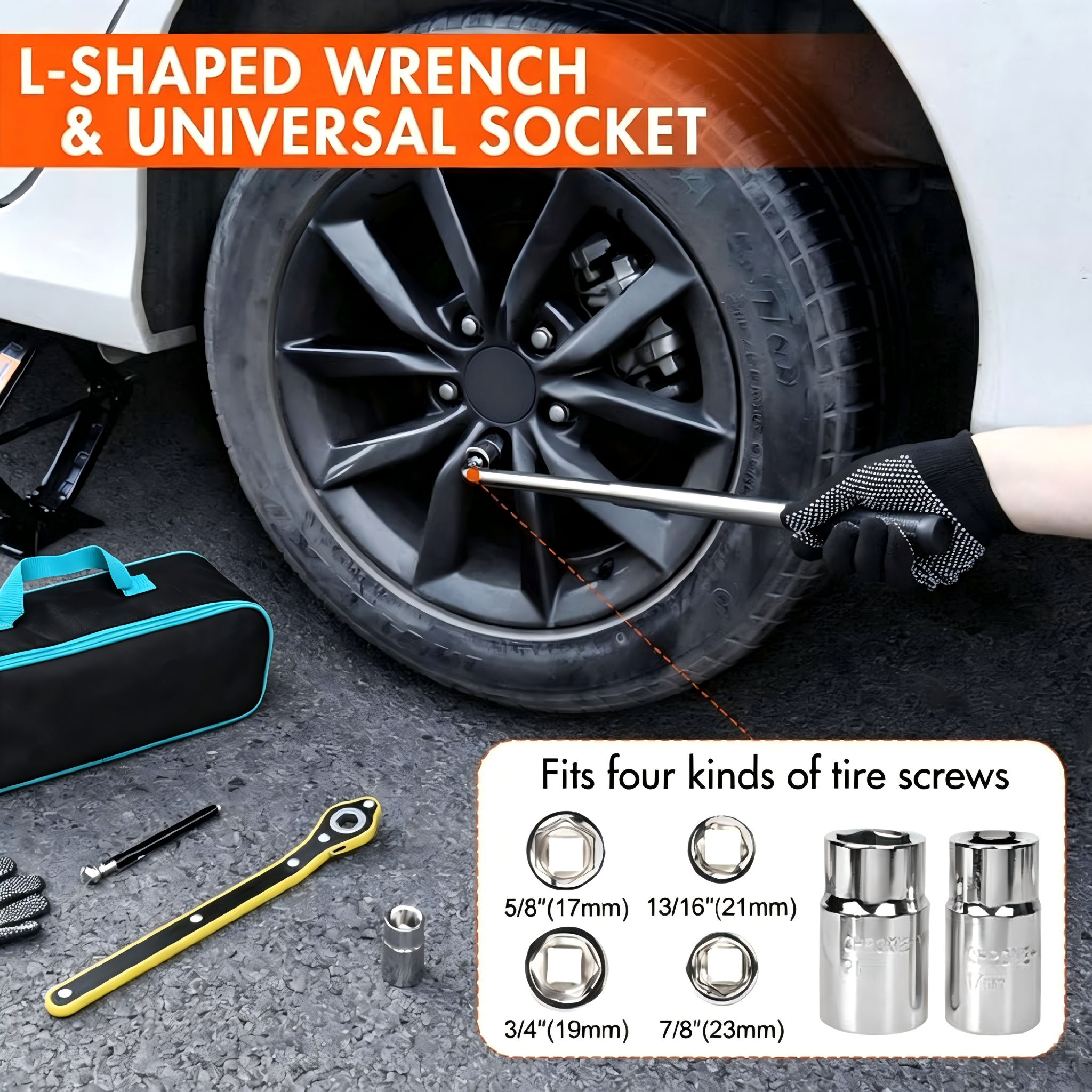 Car Scissor Jack Kit, Emergency Tire Change Tool Set with Ratchet Wrench, Lug Wrench, Sockets, Gloves & Storage Bag for Sedan SUV MPV