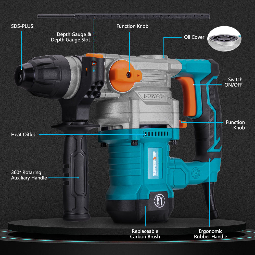 SDS Plus Rotary Hammer Drill, With Safety Clutch, 3 Functions Corded Rotomartillo For Concrete - Includes Drill Chuck, 3 Drill Bits, Flat Chisel, Point Chisel, Carrying Case, Ergonomic Design.