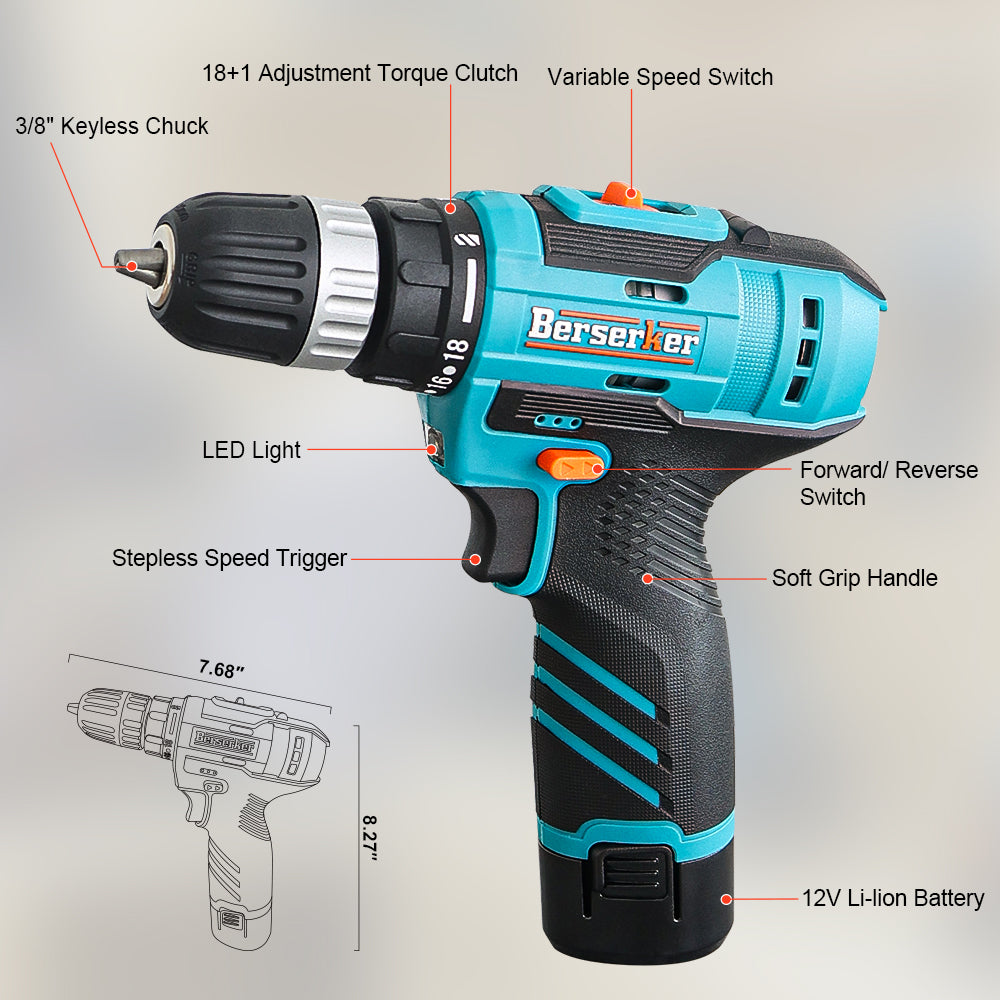 12V Compact Cordless 3/8-Inch Drill Driver, 18+1 Torque Settings, Built-in LED Light, Ideal for Home Renovation and DIY Projects.