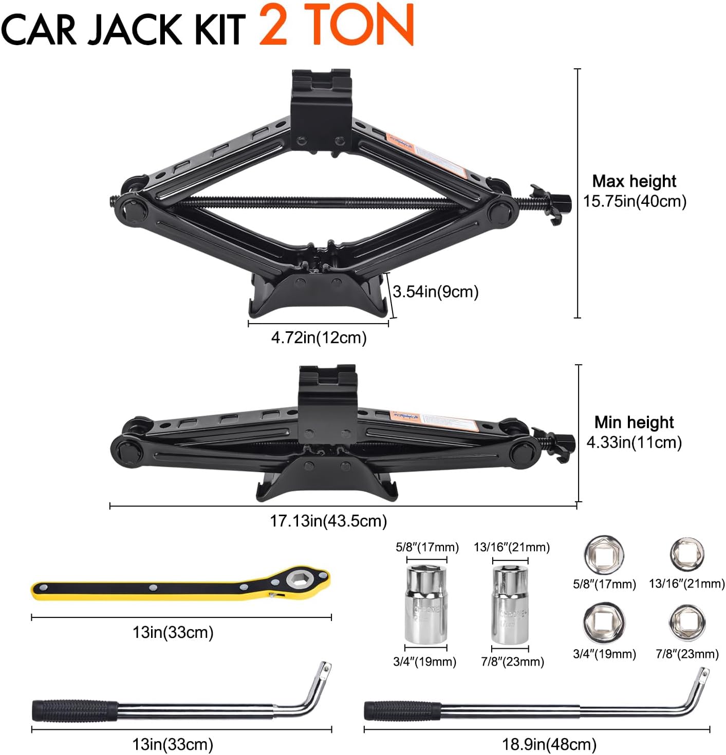 Car Scissor Jack Kit, Emergency Tire Change Tool Set with Ratchet Wrench, Lug Wrench, Sockets, Gloves & Storage Bag for Sedan SUV MPV