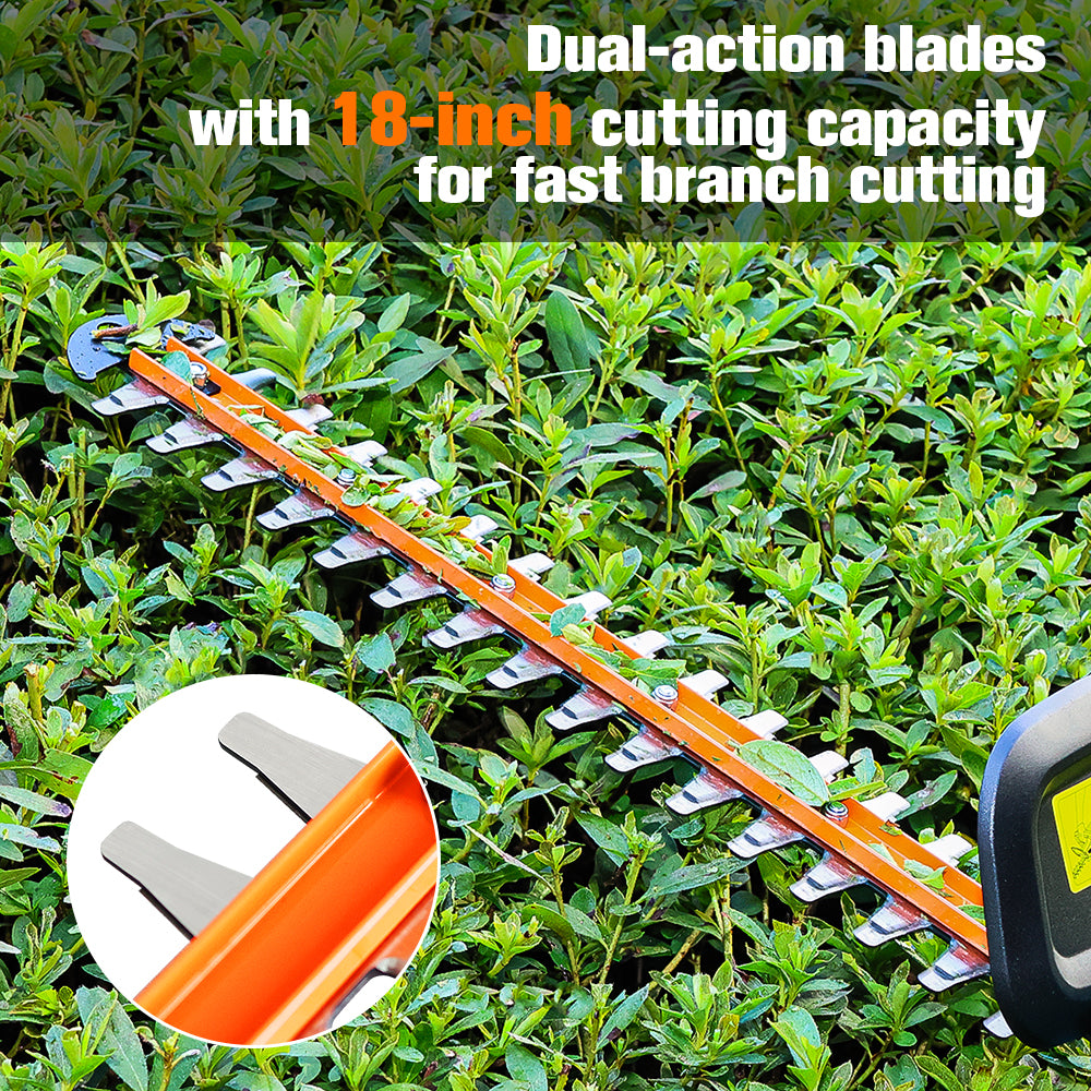 18-Inch 20V Cordless Hedge Trimmer - 5-Position Rotating Handle with Dual Safety Switch for Effortless Shrub & Hedge Cutting