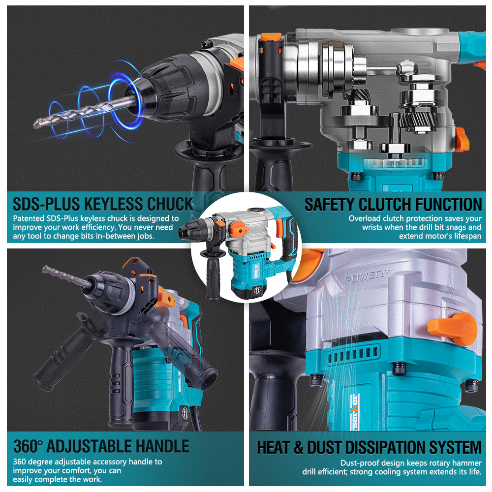SDS Plus Rotary Hammer Drill, With Safety Clutch, 3 Functions Corded Rotomartillo For Concrete - Includes Drill Chuck, 3 Drill Bits, Flat Chisel, Point Chisel, Carrying Case, Ergonomic Design.