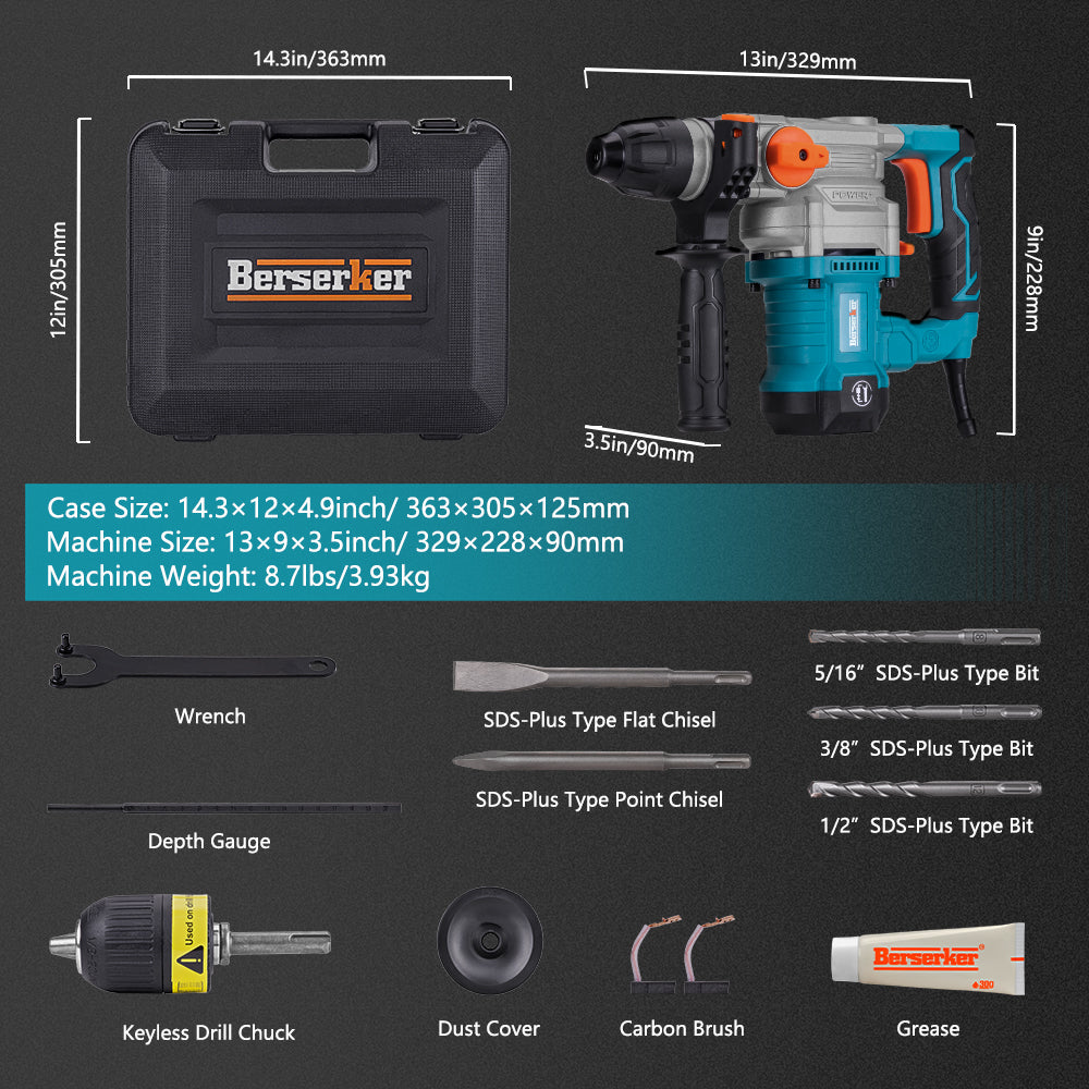 SDS Plus Rotary Hammer Drill, With Safety Clutch, 3 Functions Corded Rotomartillo For Concrete - Includes Drill Chuck, 3 Drill Bits, Flat Chisel, Point Chisel, Carrying Case, Ergonomic Design.