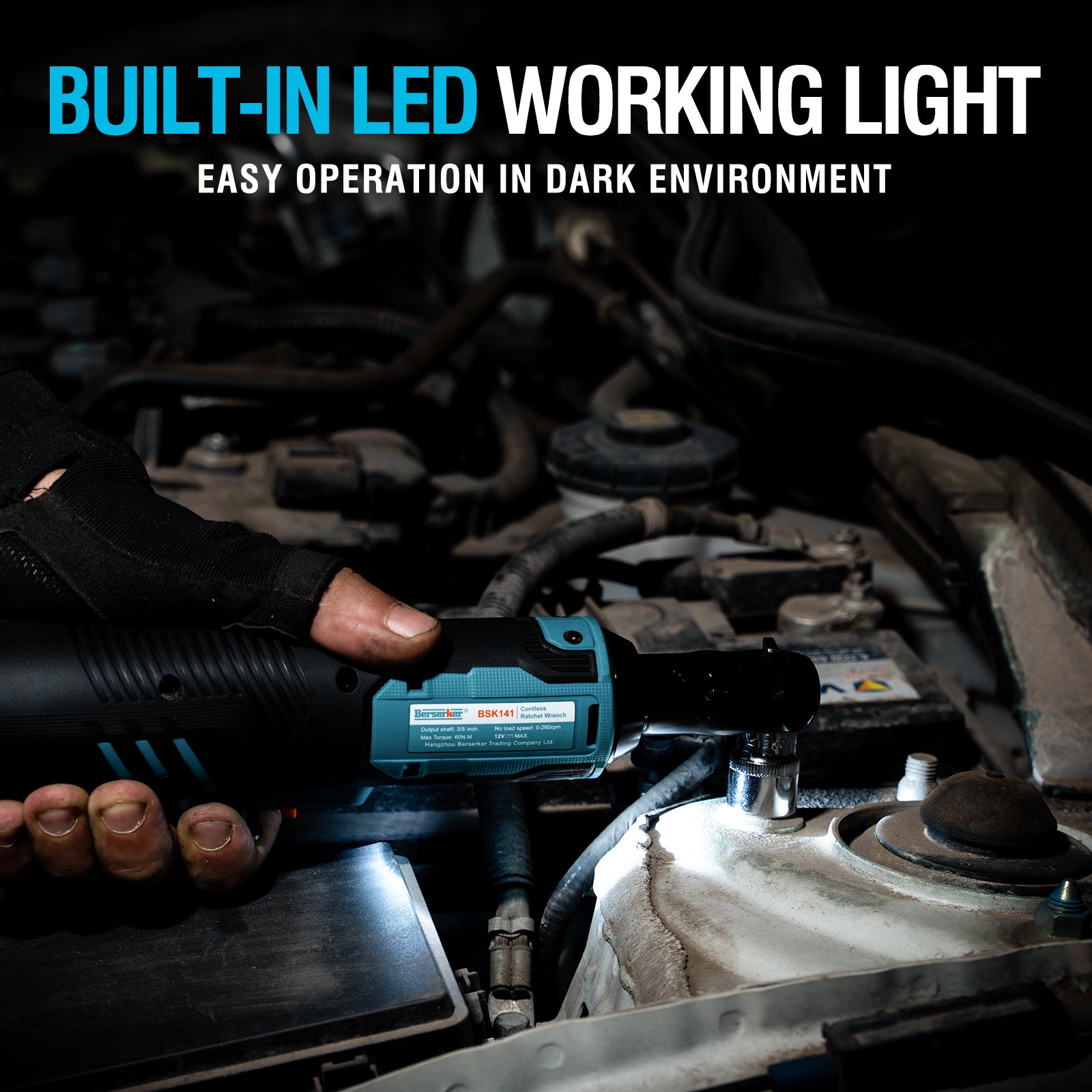 Berserker 3/8" Cordless Electric Ratchet Wrench Set, 35 Ft-lbs 260RPM 12V Power Ratchet Tool Kit with 2-Pack 2000mAh Li-Ion Batteries and Charger, Variable Speed Trigger, 1/4" Adapter & 7 Sockets