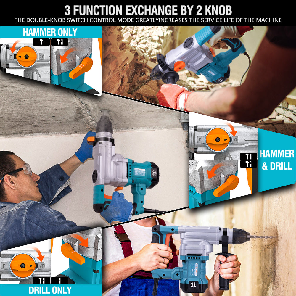SDS Plus Rotary Hammer Drill, With Safety Clutch, 3 Functions Corded Rotomartillo For Concrete - Includes Drill Chuck, 3 Drill Bits, Flat Chisel, Point Chisel, Carrying Case, Ergonomic Design.