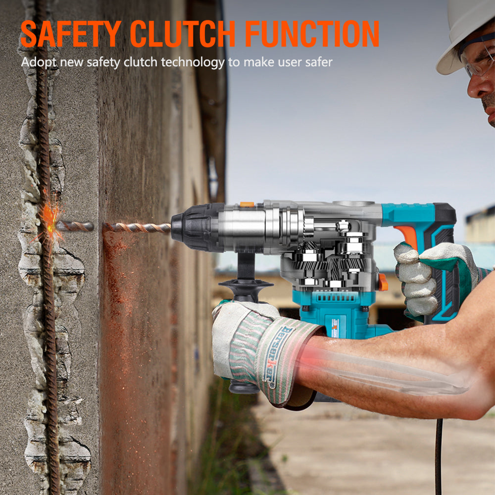 SDS Plus Rotary Hammer Drill, With Safety Clutch, 3 Functions Corded Rotomartillo For Concrete - Includes Drill Chuck, 3 Drill Bits, Flat Chisel, Point Chisel, Carrying Case, Ergonomic Design.