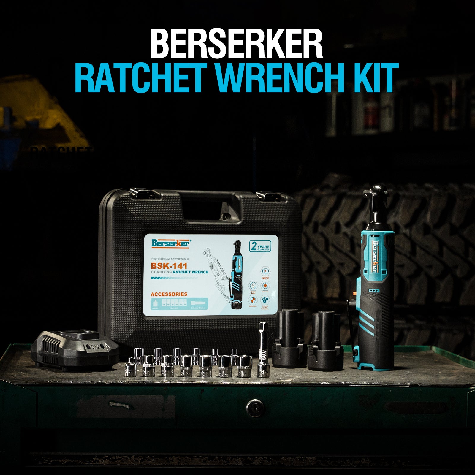 Berserker 3/8" Cordless Electric Ratchet Wrench Set, 35 Ft-lbs 260RPM 12V Power Ratchet Tool Kit with 2-Pack 2000mAh Li-Ion Batteries and Charger, Variable Speed Trigger, 1/4" Adapter & 7 Sockets