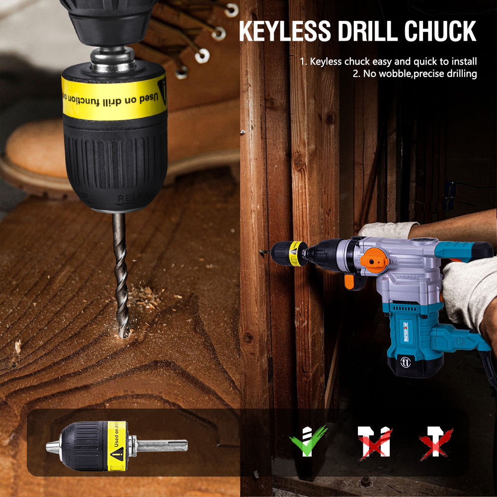 SDS Plus Rotary Hammer Drill, With Safety Clutch, 3 Functions Corded Rotomartillo For Concrete - Includes Drill Chuck, 3 Drill Bits, Flat Chisel, Point Chisel, Carrying Case, Ergonomic Design.