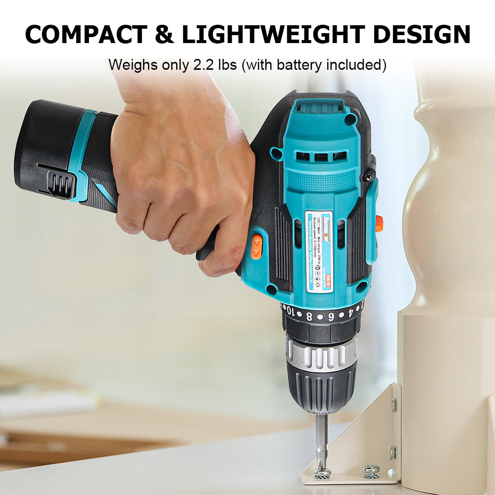 12V Compact Cordless 3/8-Inch Drill Driver, 18+1 Torque Settings, Built-in LED Light, Ideal for Home Renovation and DIY Projects.